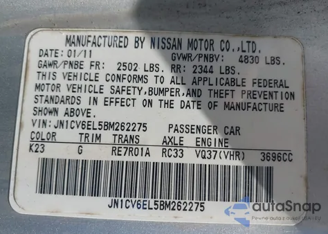 2011 Infiniti G37X from USA, damaged, VIN JN1CV6EL5BM262275